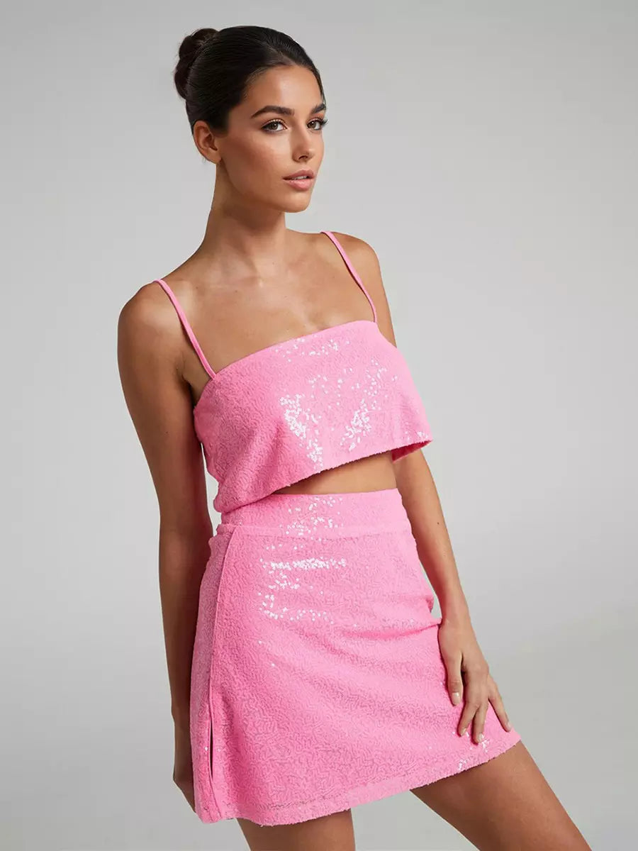 Elegant Sequin Set Crop Top And Mini Skirt Sleeveless Two-Piece Mssza