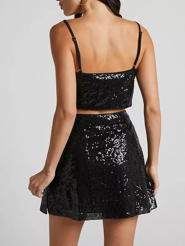 Elegant Sequin Set Crop Top And Mini Skirt Sleeveless Two-Piece Mssza