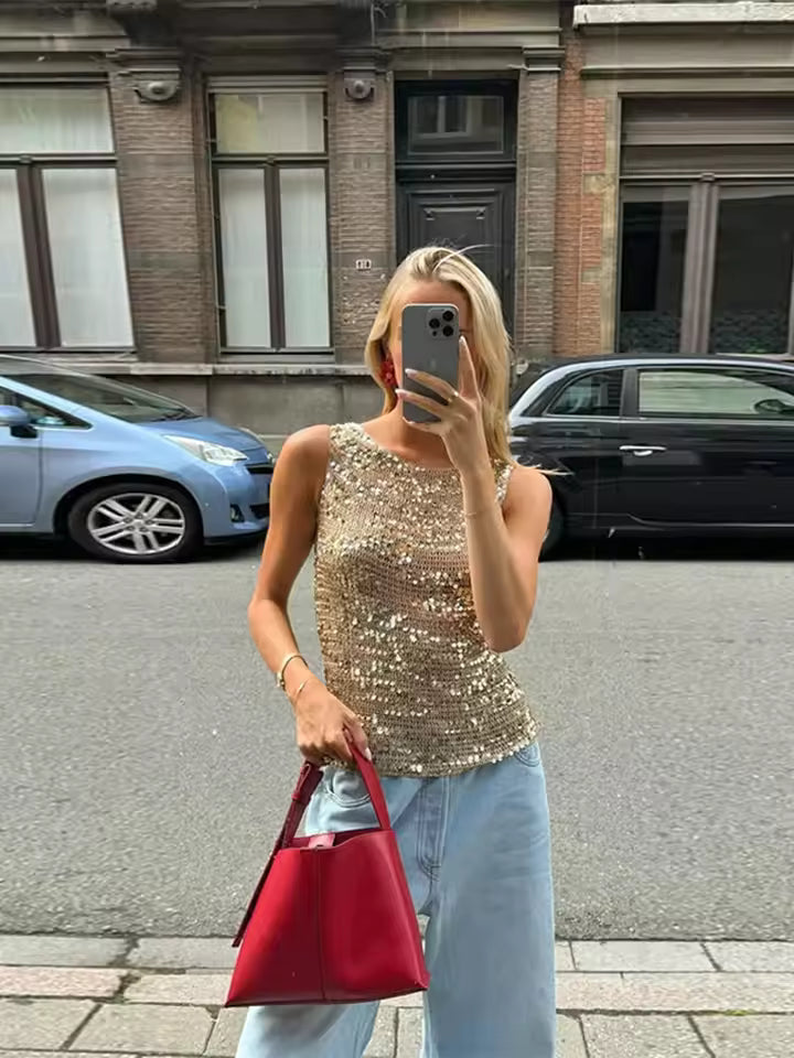 Elegant Sequined Sparkling Bottoming O-Neck Sleeveless Tank Tops Clubwear Mssza