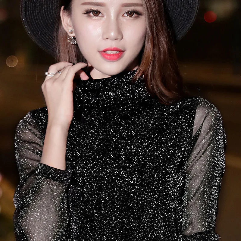 Elegant Shining Long Sleeve Mesh Medium Stretch Blouse Top Mssza