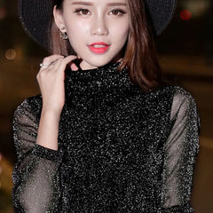 Elegant Shining Long Sleeve Mesh Medium Stretch Blouse Top Mssza