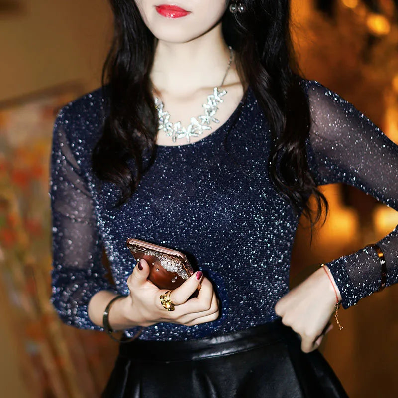 Elegant Shining Long Sleeve Mesh Medium Stretch Blouse Top Mssza