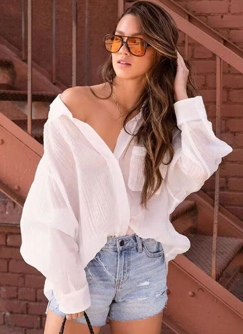 Elegant Shirt Oversized Pleated Turndown Collar Casual Long Sleeves Tops Mssza