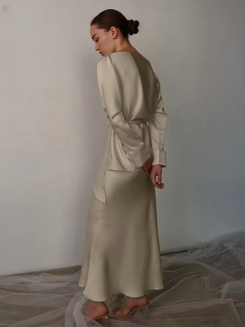 Elegant Shirt With High Waist Long Skirt Two Pieces Set Mssza