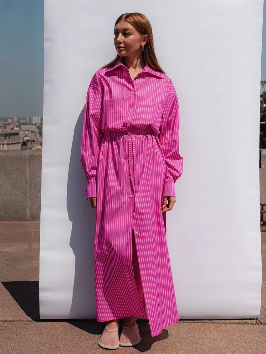 Casual Shirt With High Waist Slit Long Skirt Loose Stripe Two Pieces Set Mssza