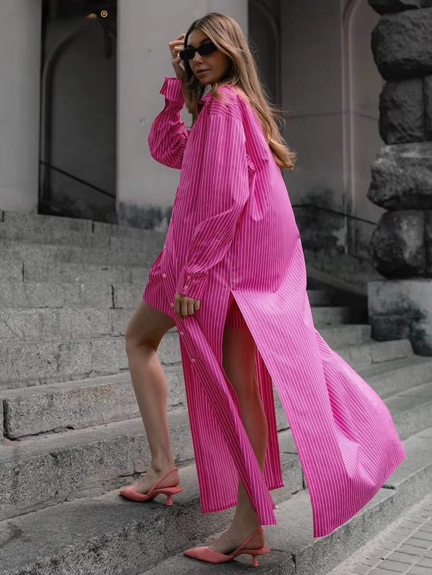 Casual Shirt With High Waist Slit Long Skirt Loose Stripe Two Pieces Set Mssza