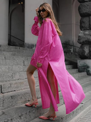 Casual Shirt With High Waist Slit Long Skirt Loose Stripe Two Pieces Set Mssza