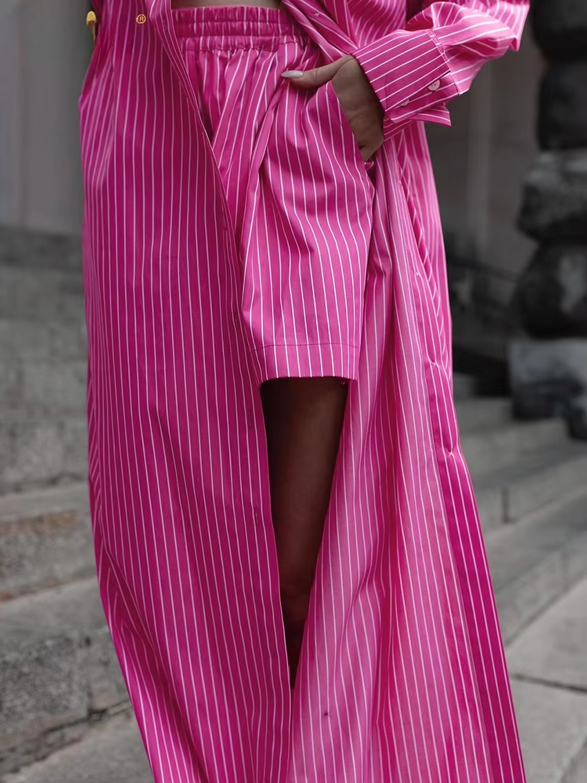 Casual Shirt With High Waist Slit Long Skirt Loose Stripe Two Pieces Set Mssza