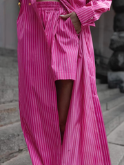 Casual Shirt With High Waist Slit Long Skirt Loose Stripe Two Pieces Set Mssza