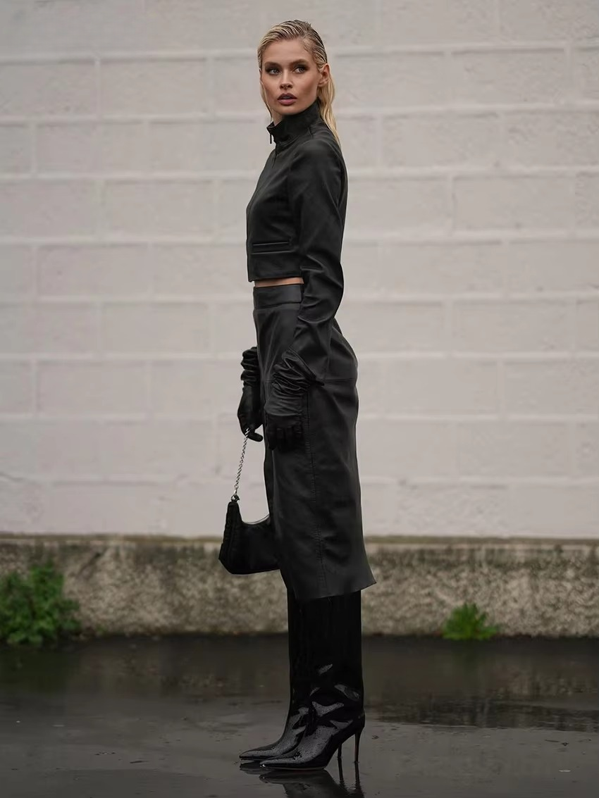Elegant Shirt With High Waist Midi Skirt Pu Leather 2 Pieces Set Mssza