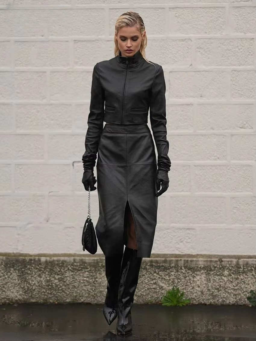 Elegant Shirt With High Waist Midi Skirt Pu Leather 2 Pieces Set Mssza