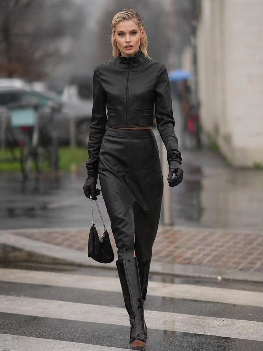 Elegant Shirt With High Waist Midi Skirt Pu Leather 2 Pieces Set Mssza