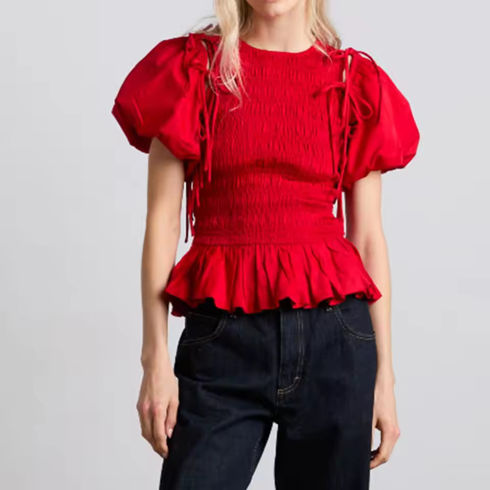 Elegant Short Puff Sleeve Solid Color Round-Neck Smocked Shirred Tie-up Bow Puffball Hem Peplum Blouse Tops Mssza