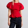 Elegant Short Puff Sleeve Solid Color Round-Neck Smocked Shirred Tie-up Bow Puffball Hem Peplum Blouse Tops Mssza