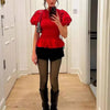 Elegant Short Puff Sleeve Solid Color Round-Neck Smocked Shirred Tie-up Bow Puffball Hem Peplum Blouse Tops Mssza