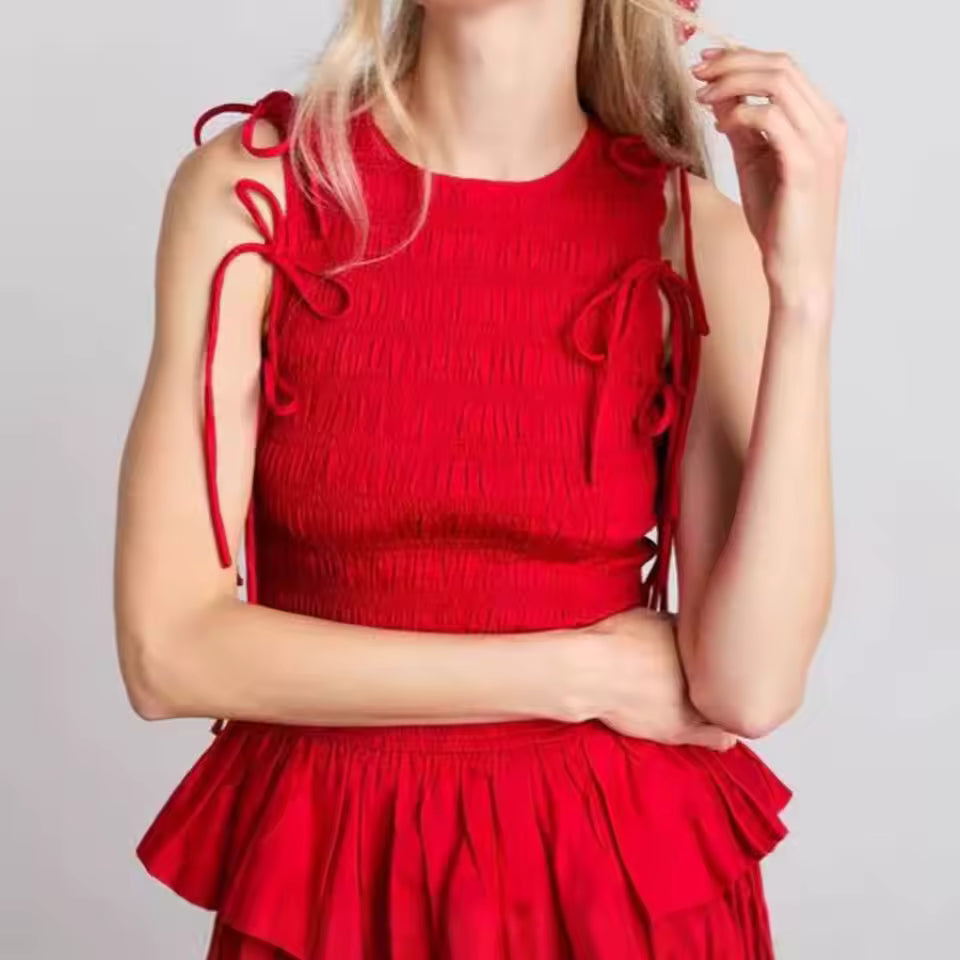 Elegant Short Puff Sleeve Solid Color Round-Neck Smocked Shirred Tie-up Bow Puffball Hem Peplum Blouse Tops Mssza