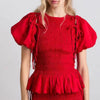 Elegant Short Puff Sleeve Solid Color Round-Neck Smocked Shirred Tie-up Bow Puffball Hem Peplum Blouse Tops Mssza