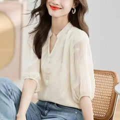 Elegant Short Sleeve Chiffon Lace Loose-fit Slight Stretch Blouse Mssza