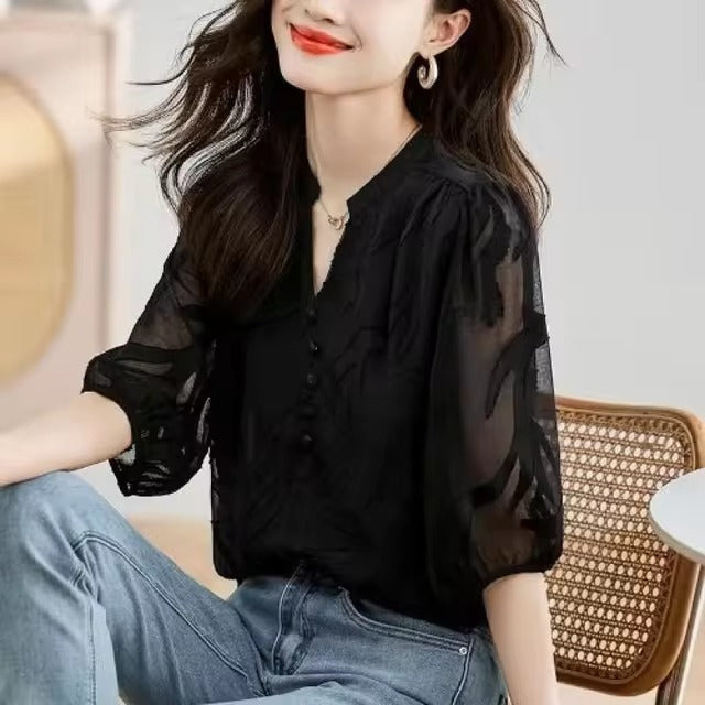 Elegant Short Sleeve Chiffon Lace Loose-fit Slight Stretch Blouse Mssza