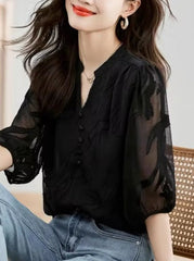 Elegant Short Sleeve Chiffon Lace Loose-fit Slight Stretch Blouse Mssza