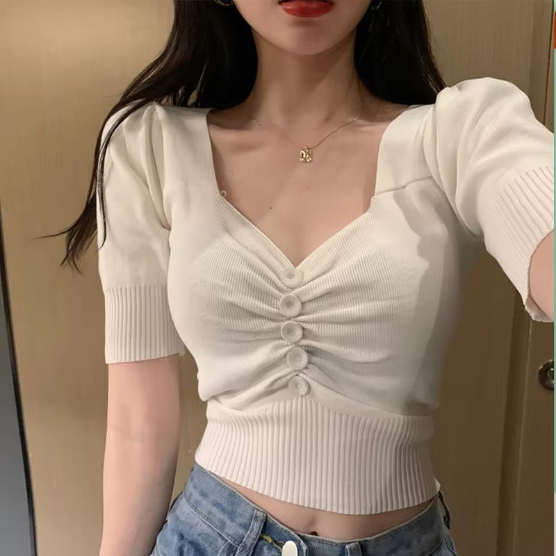 Elegant Short Sleeve V-neck Button Casual Solid Chic Slim Crop Tops Mssza