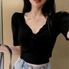 Elegant Short Sleeve V-neck Button Casual Solid Chic Slim Crop Tops Mssza