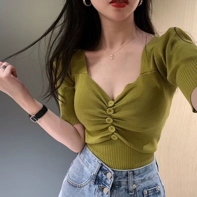 Elegant Short Sleeve V-neck Button Casual Solid Chic Slim Crop Tops Mssza