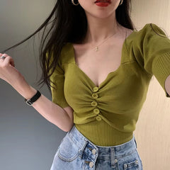 Elegant Short Sleeve V-neck Button Casual Solid Chic Slim Crop Tops Mssza