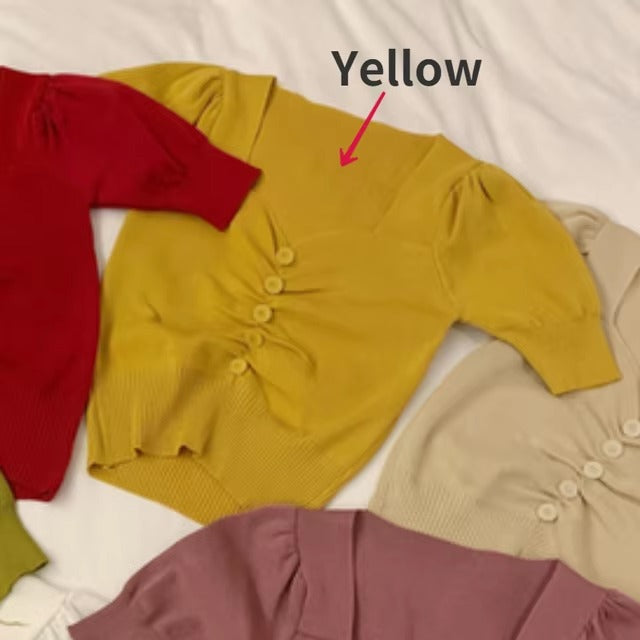 Elegant Short Sleeve V-neck Button Casual Solid Chic Slim Crop Tops Mssza