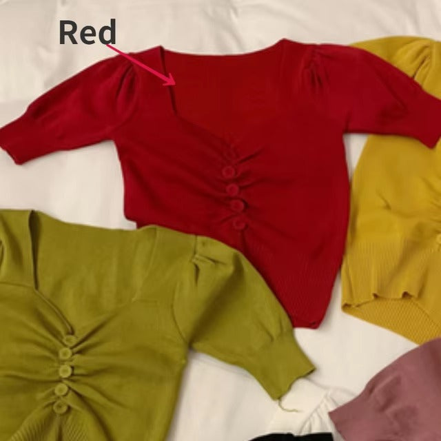 Elegant Short Sleeve V-neck Button Casual Solid Chic Slim Crop Tops Mssza