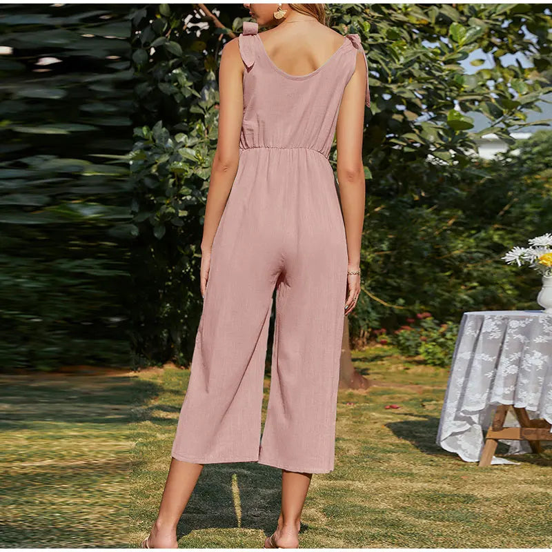 Elegant Shoulder Bow Sleeveless Wide Leg Rompers Holiday Beach Casual Jumpsuit Mssza