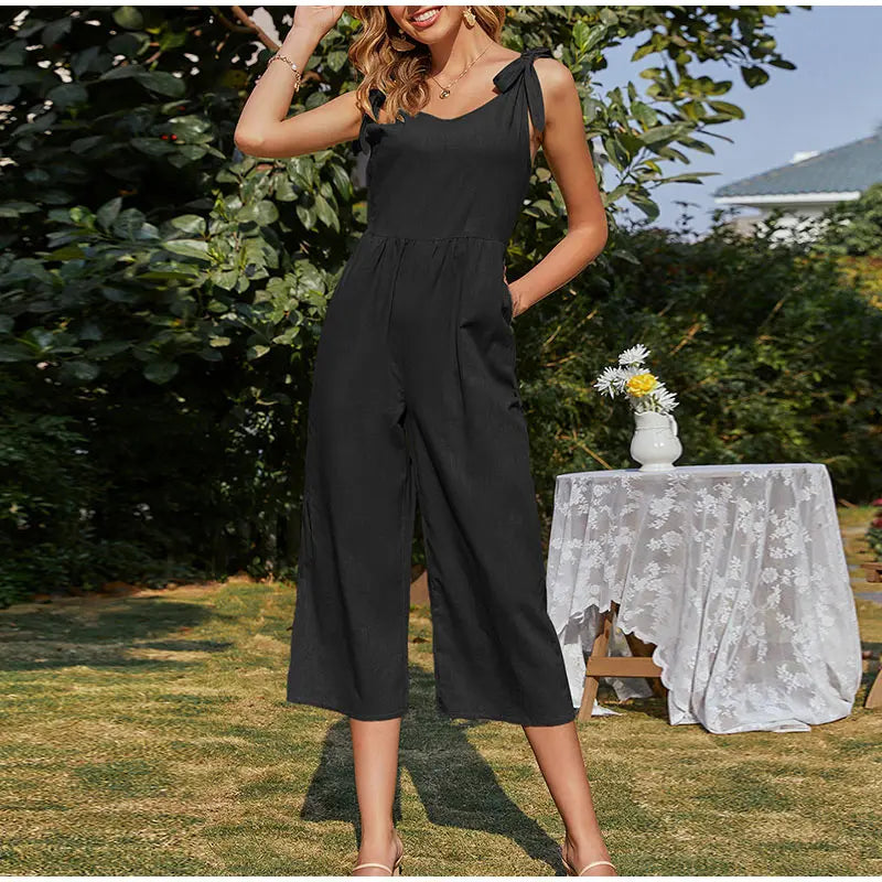 Elegant Shoulder Bow Sleeveless Wide Leg Rompers Holiday Beach Casual Jumpsuit Mssza