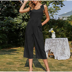 Elegant Shoulder Bow Sleeveless Wide Leg Rompers Holiday Beach Casual Jumpsuit Mssza