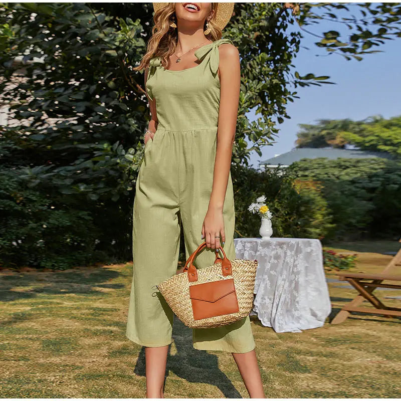 Elegant Shoulder Bow Sleeveless Wide Leg Rompers Holiday Beach Casual Jumpsuit Mssza