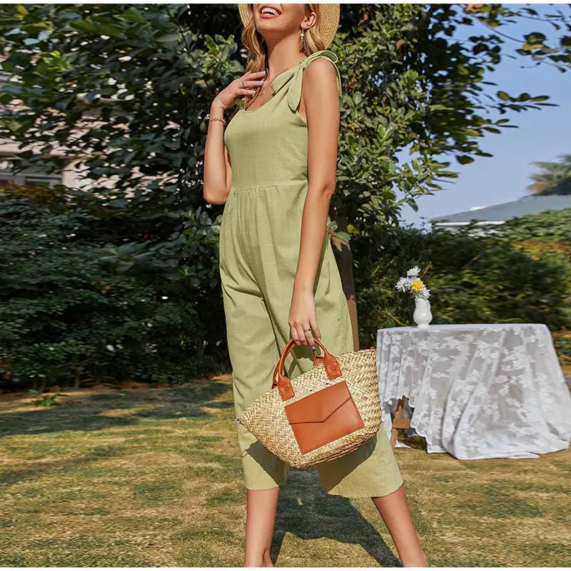 Elegant Shoulder Bow Sleeveless Wide Leg Rompers Holiday Beach Casual Jumpsuit Mssza
