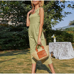 Elegant Shoulder Bow Sleeveless Wide Leg Rompers Holiday Beach Casual Jumpsuit Mssza