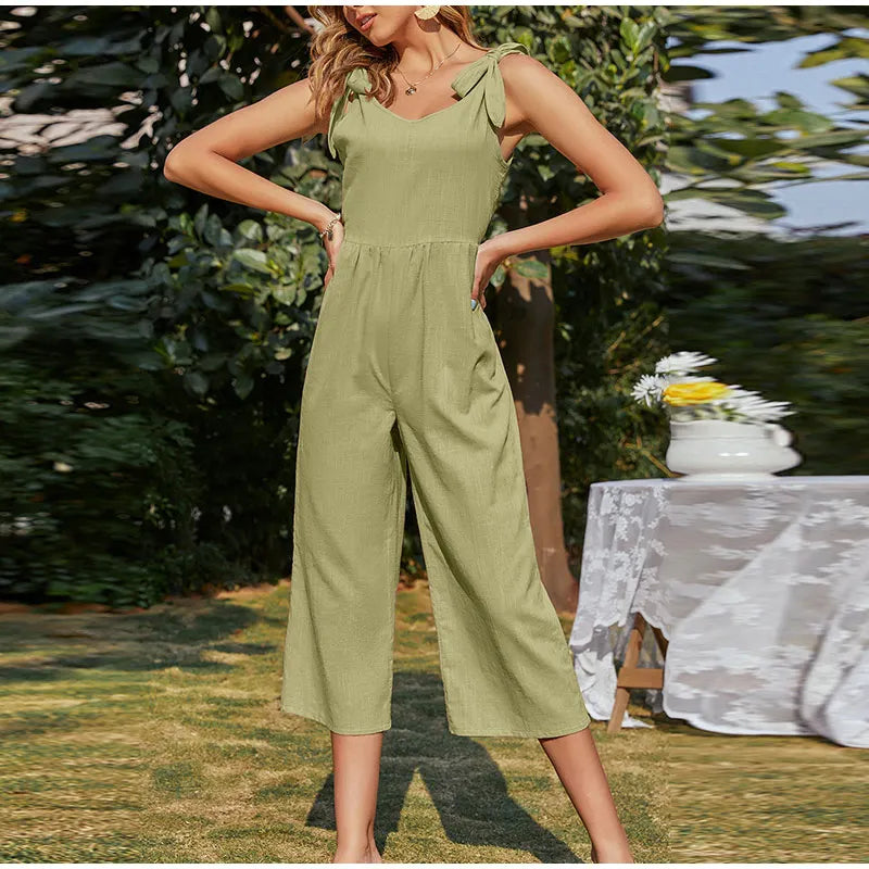 Elegant Shoulder Bow Sleeveless Wide Leg Rompers Holiday Beach Casual Jumpsuit Mssza