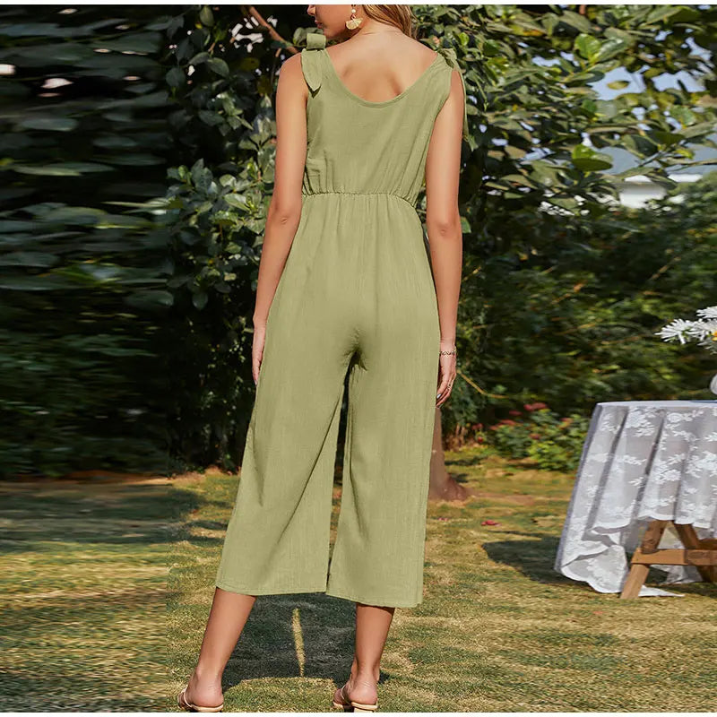 Elegant Shoulder Bow Sleeveless Wide Leg Rompers Holiday Beach Casual Jumpsuit Mssza