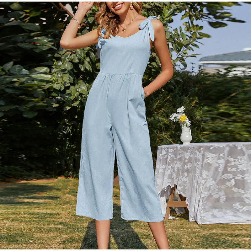 Elegant Shoulder Bow Sleeveless Wide Leg Rompers Holiday Beach Casual Jumpsuit Mssza