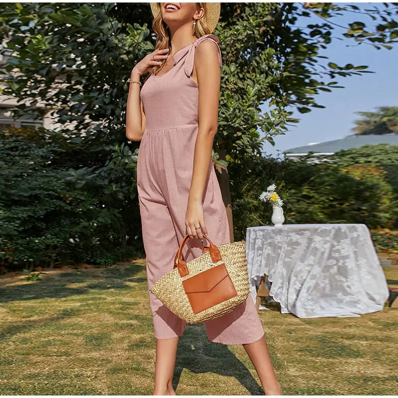 Elegant Shoulder Bow Sleeveless Wide Leg Rompers Holiday Beach Casual Jumpsuit Mssza