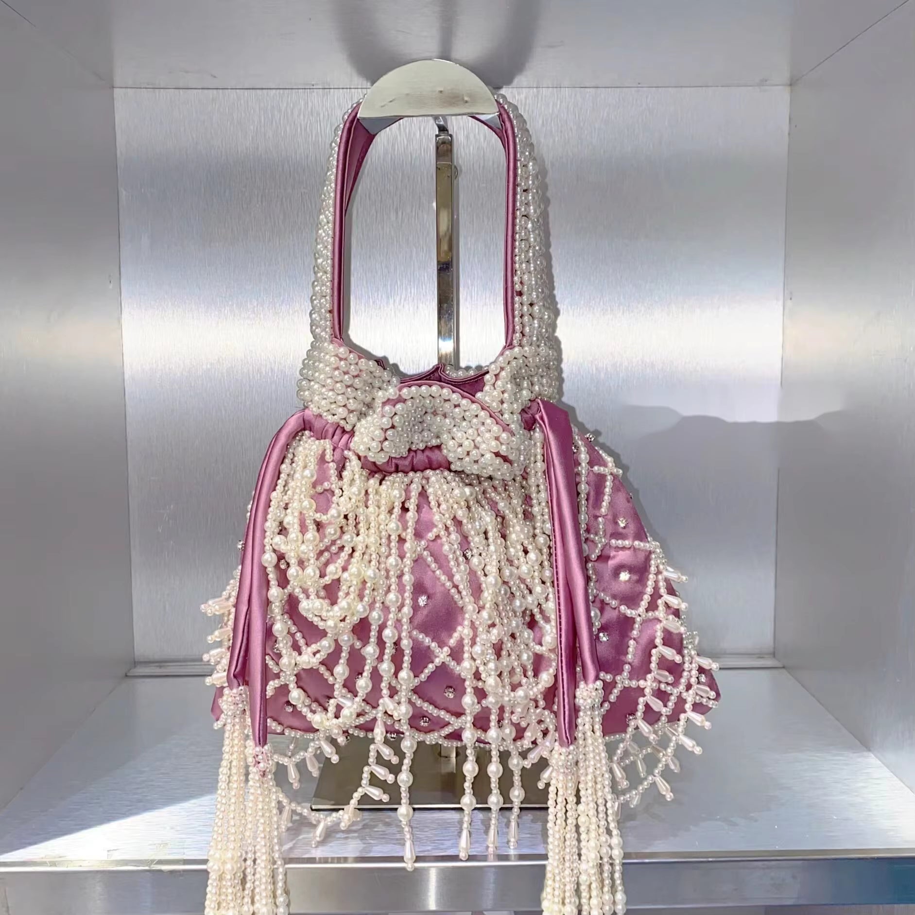 Elegant Silk Pearl Sweet Bucket Evening Party Bag Mssza