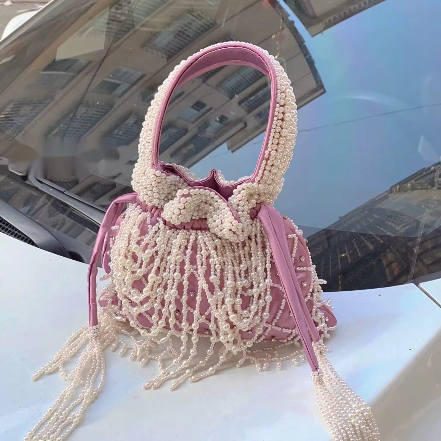 Elegant Silk Pearl Sweet Bucket Evening Party Bag Mssza