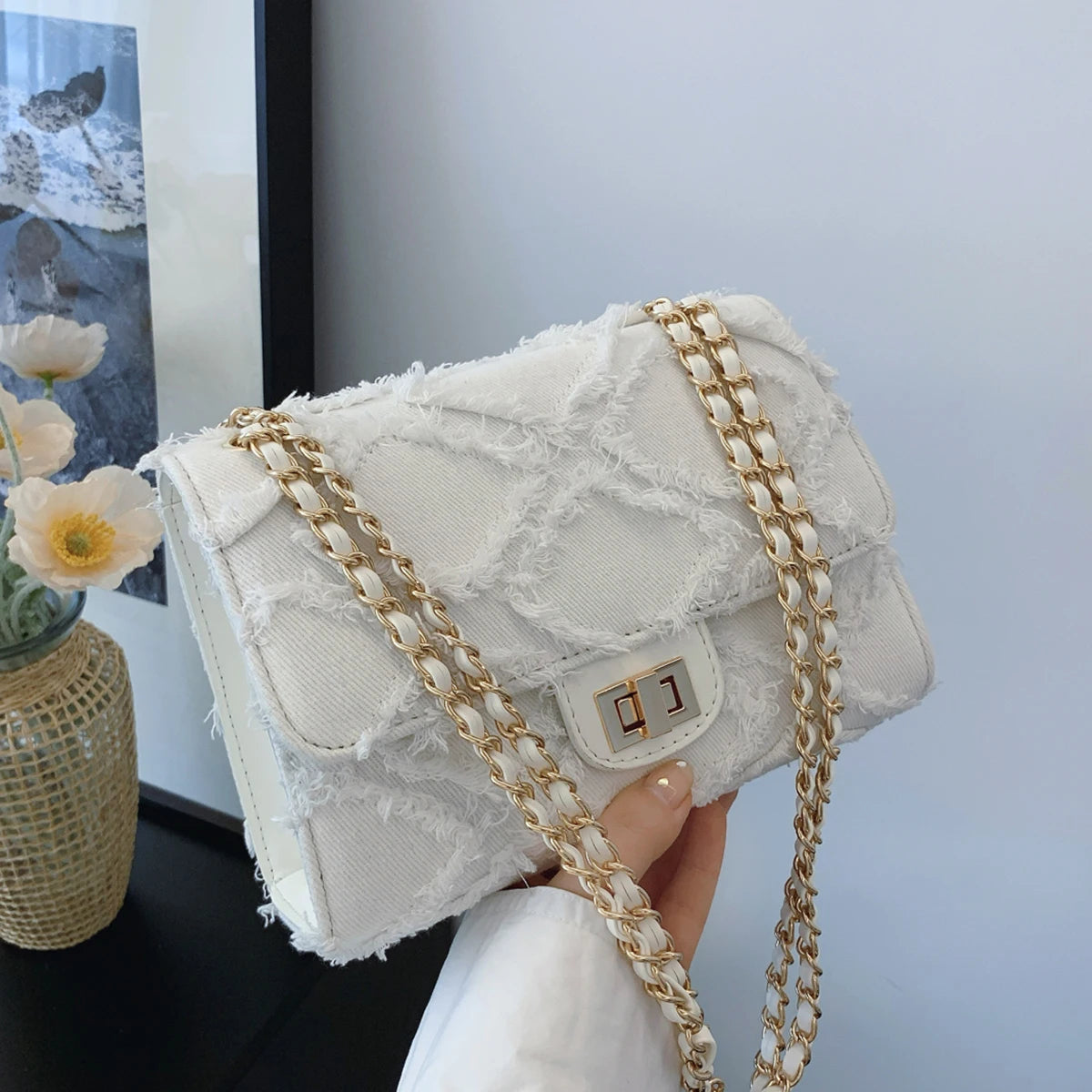 Elegant Simple Design High-value Diamond Shaped Plaid Metal Chain Messenger Shoulder Bag Mssza