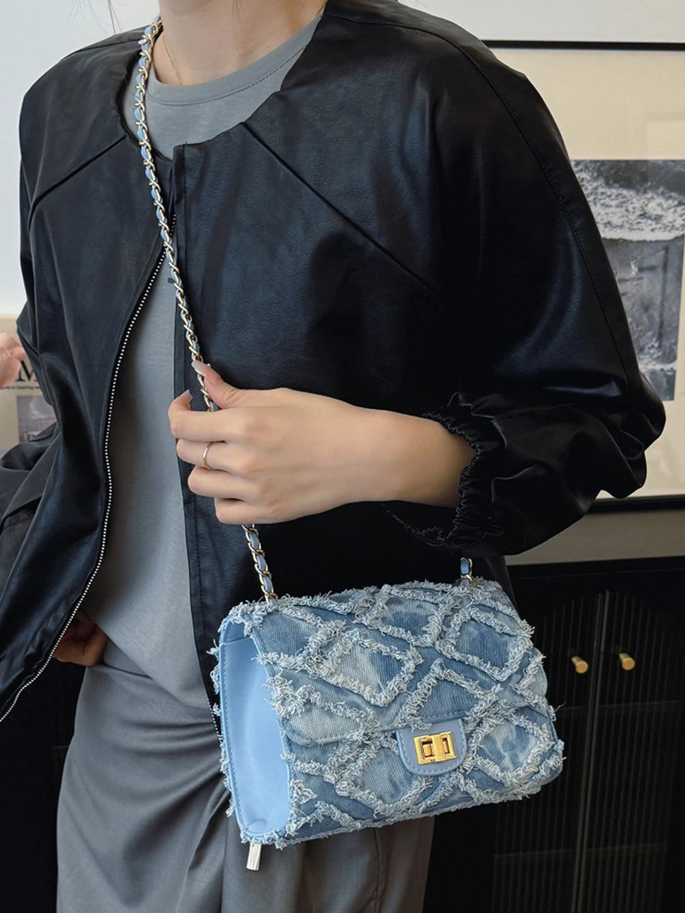 Elegant Simple Design High-value Diamond Shaped Plaid Metal Chain Messenger Shoulder Bag Mssza