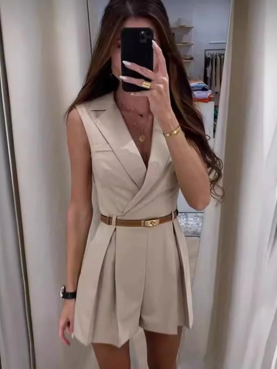 Elegant Single Breasted Sleeveless Lapel Slim Office Style Shorts Jumpsuit Mssza