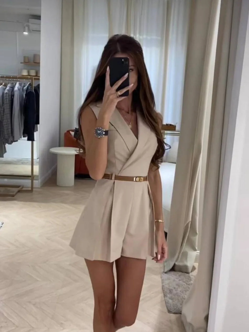 Elegant Single Breasted Sleeveless Lapel Slim Office Style Shorts Jumpsuit Mssza