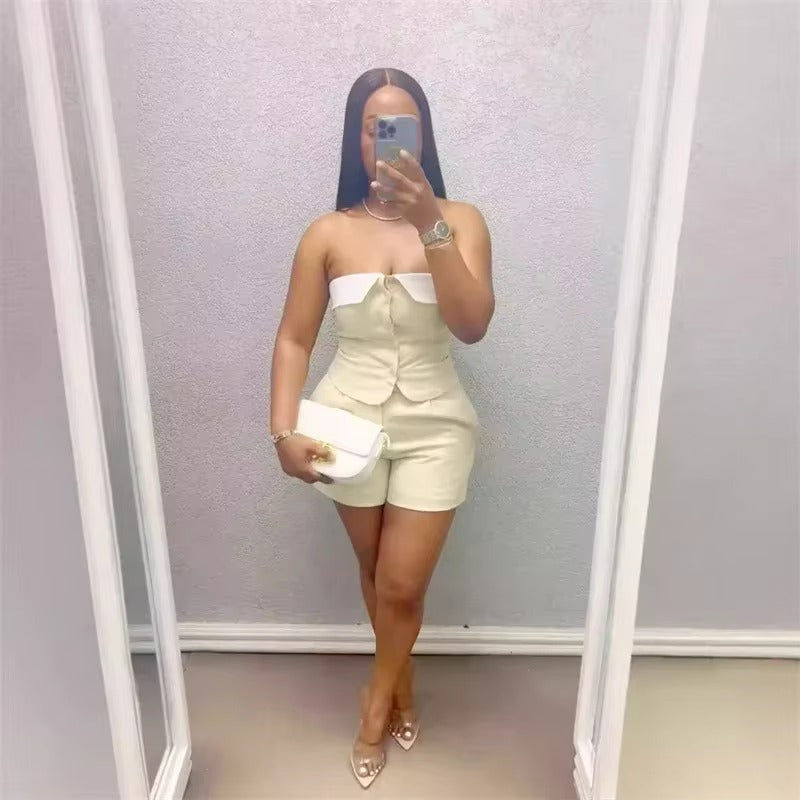 Elegant Single-Breasted Strapless Top and Shorts Two Piece Set Mssza
