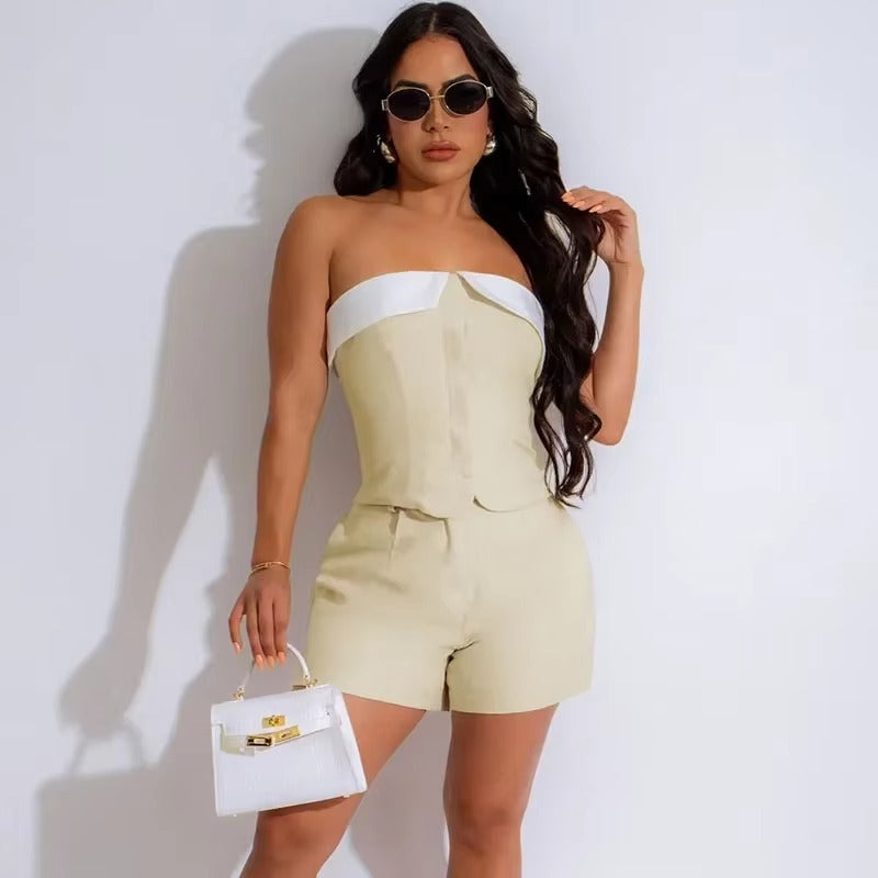 Elegant Single-Breasted Strapless Top and Shorts Two Piece Set Mssza