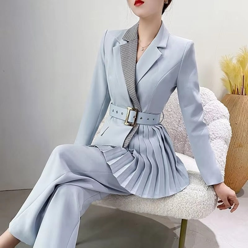Elegant Single Button Pants And Blazer With Belt 2 Pieces Set Mssza