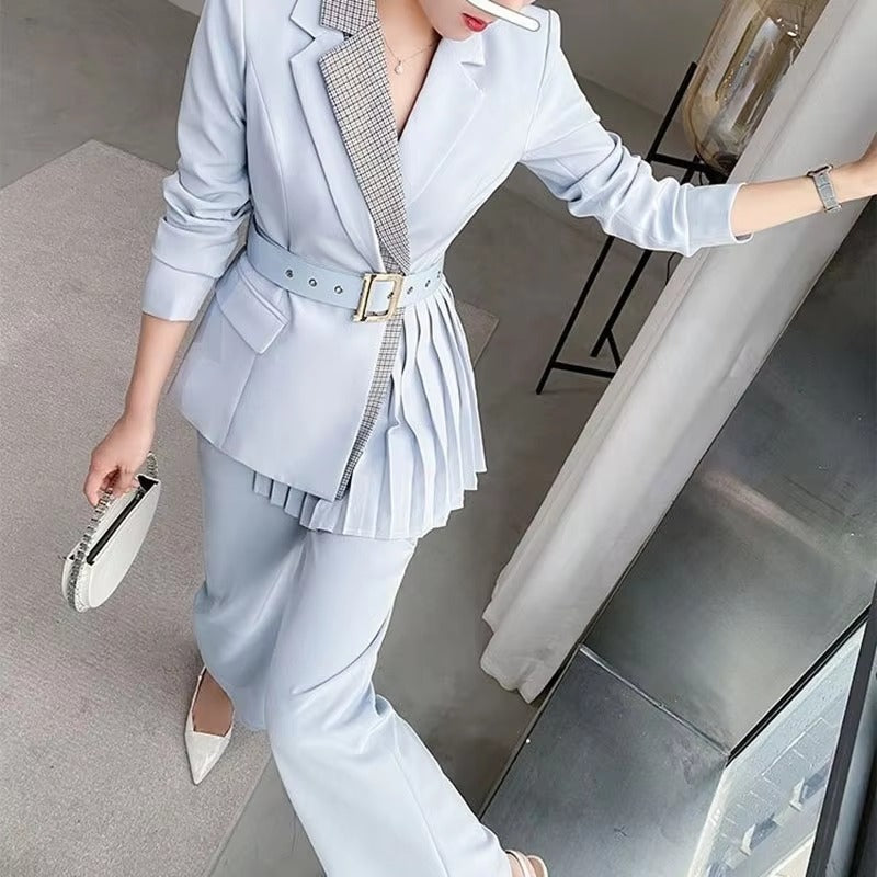 Elegant Single Button Pants And Blazer With Belt 2 Pieces Set Mssza